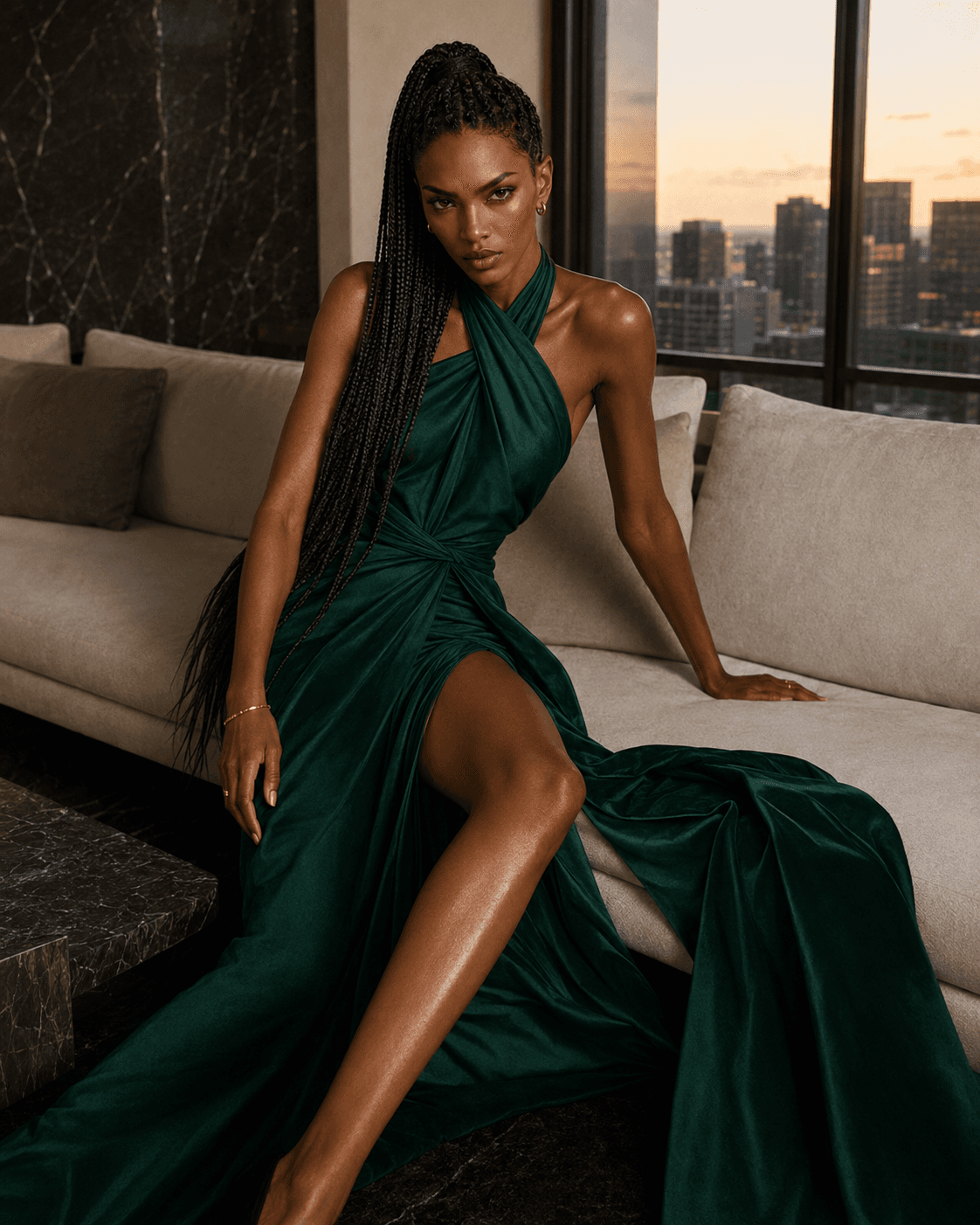 Xaliima in editorial wardrobe, hand to face, neutral backdrop.