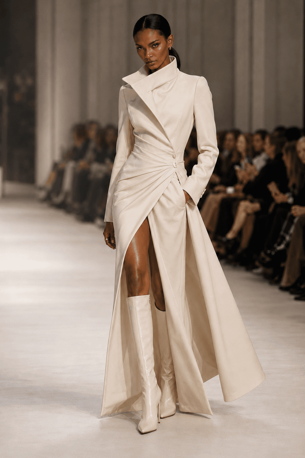 Xaliima mid-walk, draped silhouette.