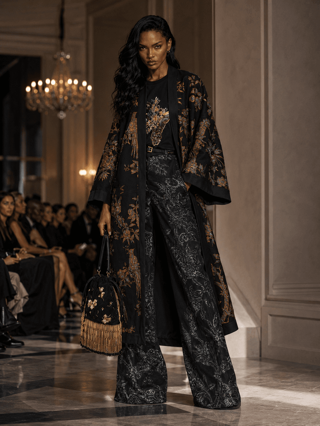 Xaliima at a runway pause, long-line tailoring.